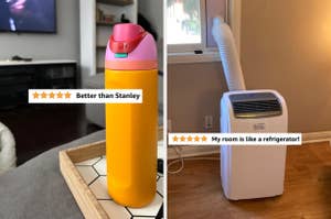 Left: A water bottle on a table with text, "Better than Stanley." Right: A portable AC unit with text, "My room is like a refrigerator!"
