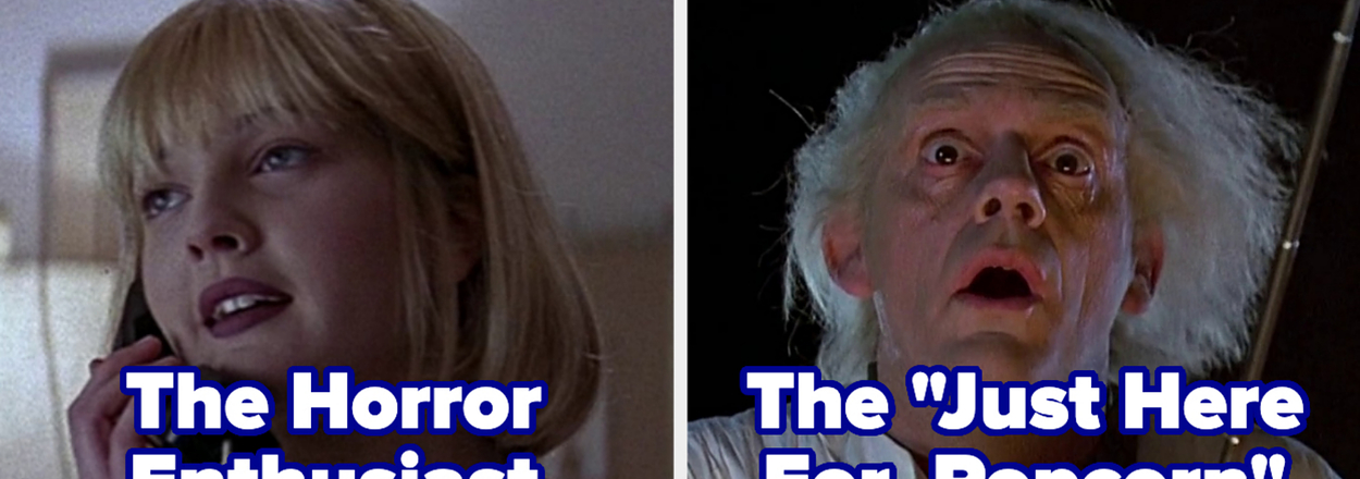Left side: Drew Barrymore on the phone looking worried in a scene from "Scream," labeled "The Horror Enthusiast." Right side: Christopher Lloyd as Doc Brown looking surprised in "Back to the Future," labeled "The 'Just Here For Popcorn' Watcher."