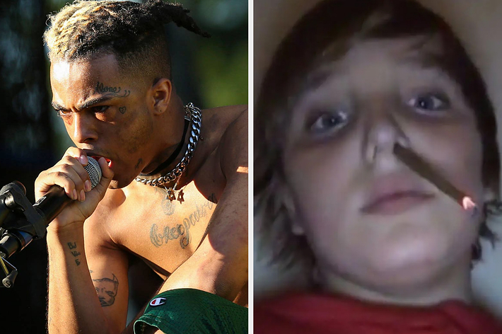 XXXTentacion performing shirtless on the left, young boy with a lit cigarette in his nostril on the right