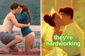 Split image; left: two people kissing by a lake; right: animated couple kissing with text "they're hardworking"