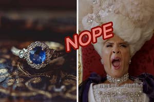 A close-up of an ornate sapphire ring and a historical figure, Queen Charlotte, shouting with "NOPE" overlaid