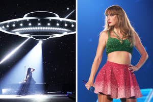 On the left, a UFO above Taylor Swift on stage, and on the right, Taylor Swift wearing a glittery two piece outfit