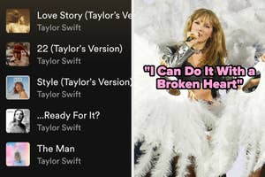 On the left, a Taylor Swift Spotify playlist, and on the right, Taylor Swift performing on stage labeled I Can Do It With a Broken Heart