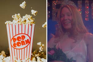 Left: Popcorn bucket with popcorn flying; Right: Sissy Spacek wears a tiara and dress, smiling