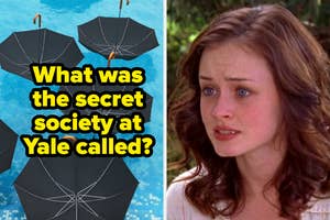 Text: "What was the secret society at Yale called?" with umbrellas. Rory Gilmore from Gilmore Girls appears puzzled
