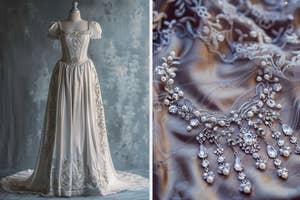 An elegant white gown with intricate lace embroidery displayed on a mannequin, next to a close-up of a detailed pearl necklace with hanging ornate designs