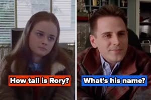 Alexis Bledel as Rory from Gilmore Girls on the left, and a man whose name is not identified on the right, both indoors. Text reads "How tall is Rory?" and "What's his name?"