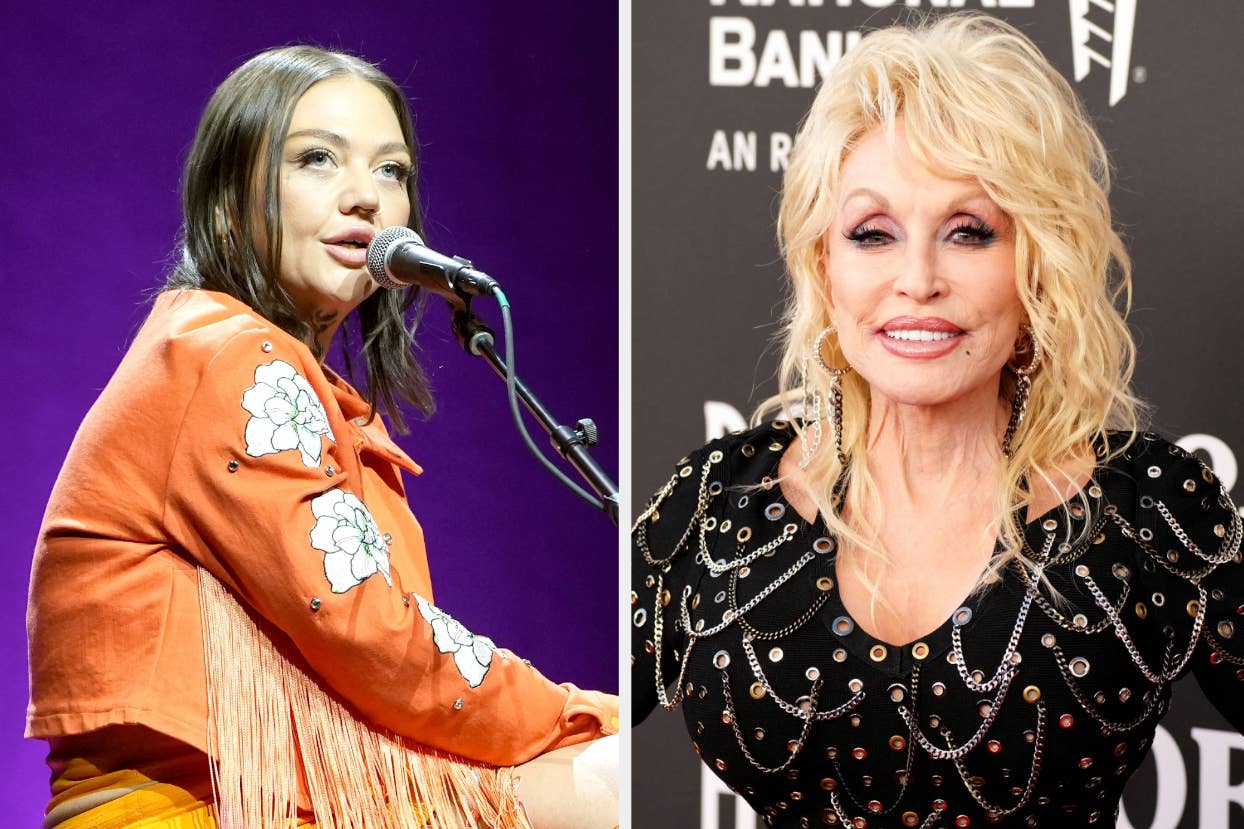 Elle King performing vs Dolly Parton poses with her hands on her hips