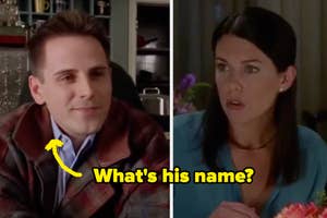 Scene from "Gilmore Girls" with a man in a coat and Lauren Graham as Lorelai, seated at a table. Text asks, "What's his name?" with an arrow pointing to the man