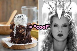 Stack of brownies with ice cream equals "cool" image featuring Taylor Swift in a retro-futuristic headpiece