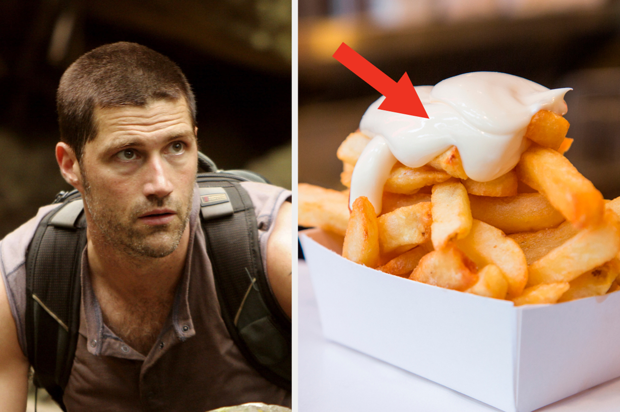 Matthew Fox, wearing a sleeveless shirt and backpack, alongside a serving of French fries topped with mayonnaise, indicated by a red arrow