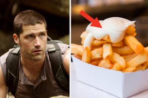 Matthew Fox, wearing a sleeveless shirt and backpack, alongside a serving of French fries topped with mayonnaise, indicated by a red arrow