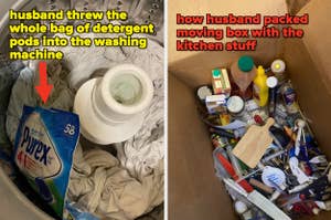 Left image: A box of Purex detergent pods is spilled inside a washing machine with clothes and a vase. Right image: A disorganized moving box filled with various kitchen items and utensils