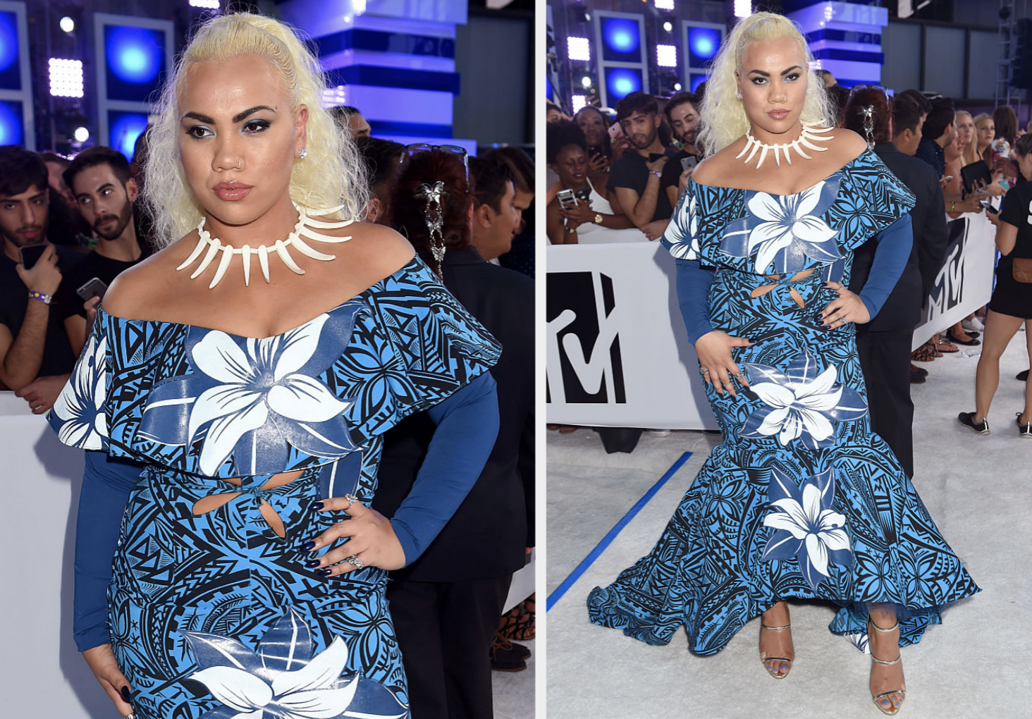 Woman in a blue and white floral pattern dress with cut-outs, on the red carpet