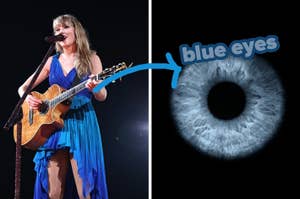 Taylor Swift performs on stage in a flowing dress with a guitar. An arrow points to a close-up image of an iris with the text "blue eyes."