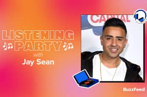 Jay Sean in black jacket at Listening Party event, with logos and graphics in background