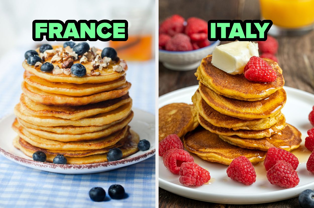 Two plates of pancakes labeled "FRANCE" with toppings, and "ITALY" with butter and raspberries
