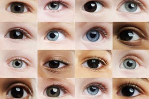 A collage of 16 close-up images of different people's eyes, showcasing a variety of eye shapes, sizes, and skin tones