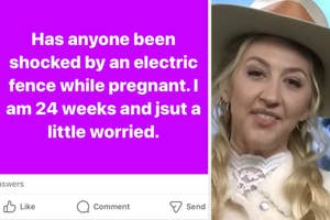 A social media post reads: "Has anyone been shocked by an electric fence while pregnant. I am 24 weeks and jsut a little worried." The right side shows a woman wearing a hat