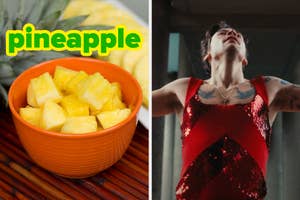 On the left, a bowl of pineapple chunks, and on the right, Harry Styles extending his arms out in the As It Was music video