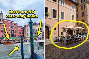Left: A canal in Venice with boats and colorful buildings, text reads "there are NO cars, only boats;" Right: An outdoor restaurant in Rome with tables and umbrellas, circled