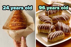 On the left, someone holding a croissant labeled 24 years old, and on the right, some mini, chocolate covered eclairs labeled 96 years old