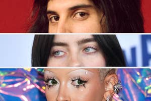 Freddie Mercury, Billie Eilish, and Doja Cat, close-up portraits, emphasizing their eyes and facial features