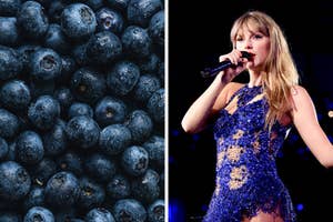On the left are fresh, wet blueberries. On the right, Taylor Swift performs on stage, wearing a sparkling blue sheer dress