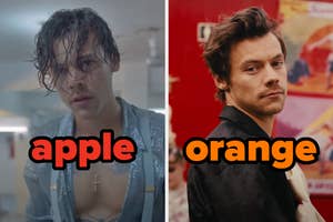 On the left, Harry Styles in the Lights Up music video labeled apple, and on the right, Harry Styles in the Daylight music video labeled orange