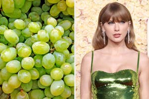 Taylor Swift in a glamorous sequined dress, separated into two panels. Left: close-up of green grapes. Right: Taylor Swift with wavy hair and statement earrings