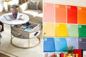 Round coffee table with a marble top, a laptop, and coffee on it, alongside a colorful wall calendar with months labeled from 01 to 12, shown in a home setting