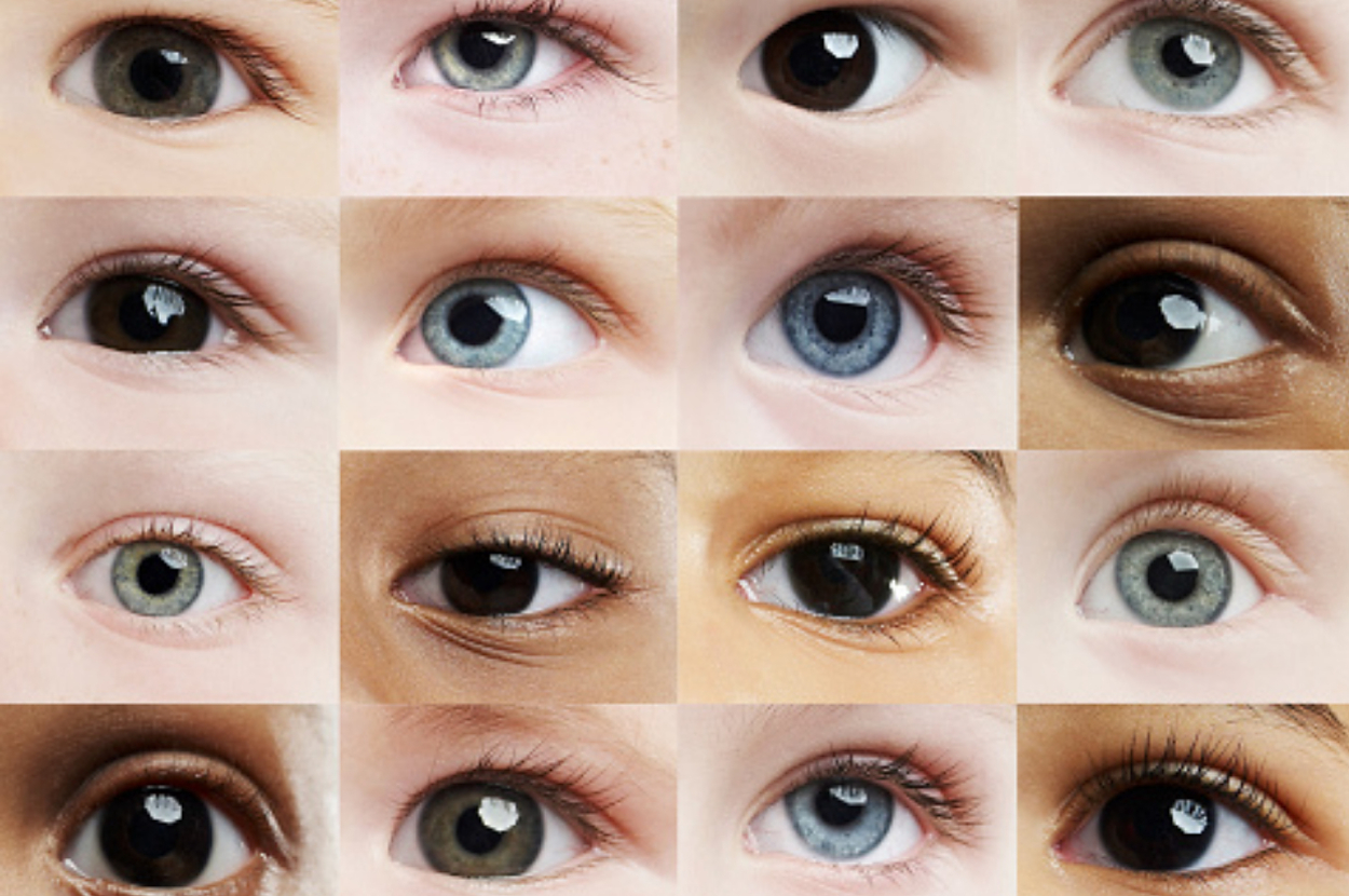 A collage of 16 close-up images of different people's eyes, showcasing a variety of eye shapes, sizes, and skin tones