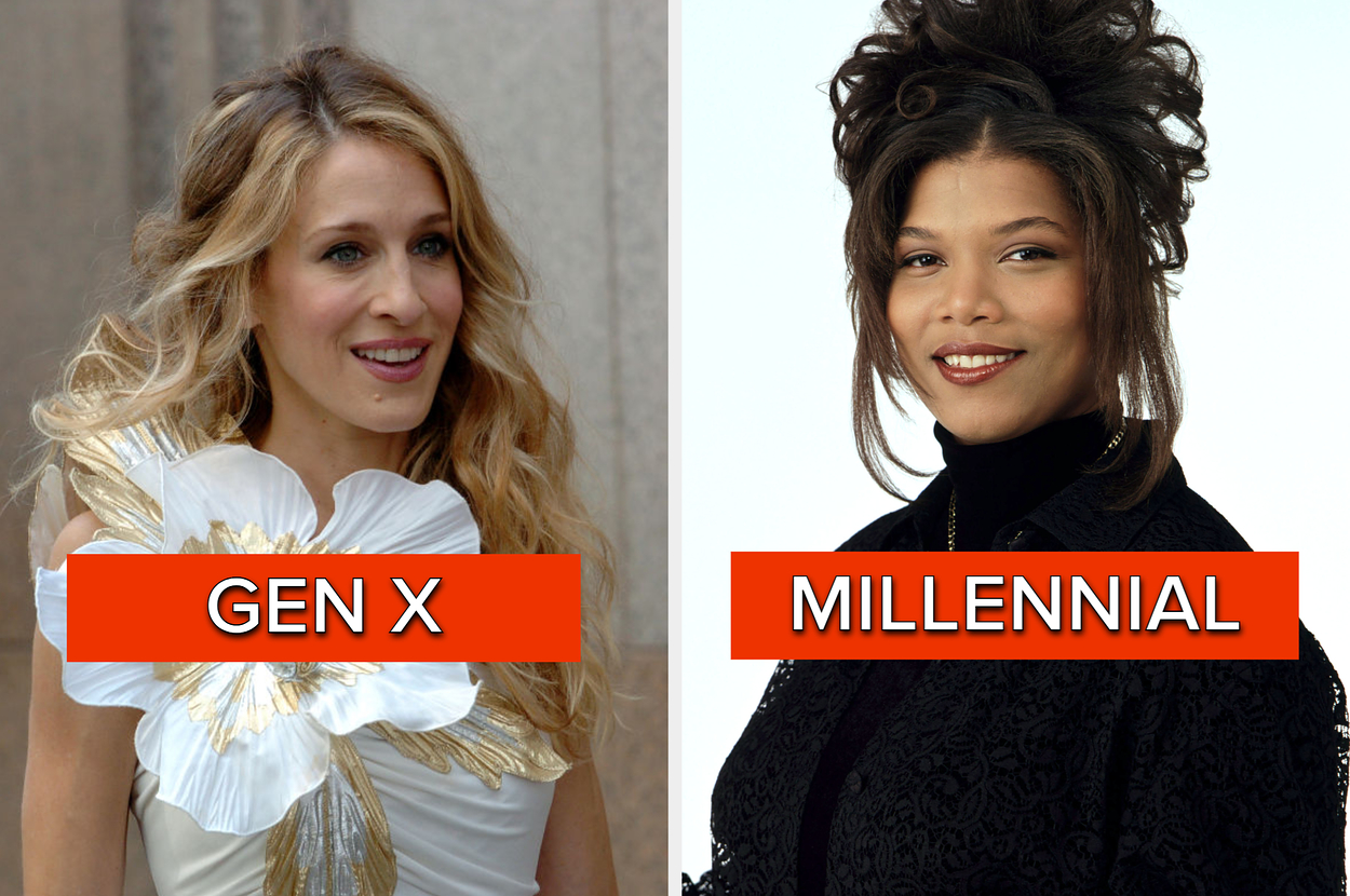Sarah Jessica Parker and Queen Latifah are shown side by side with "Gen X" and "Millennial" labels, respectively. Parker wears a floral dress, and the other woman wears a black outfit