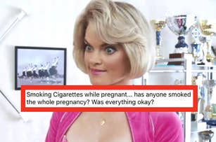 surprised woman with a post asking if it's ok to smoke cigarettes while pregnant