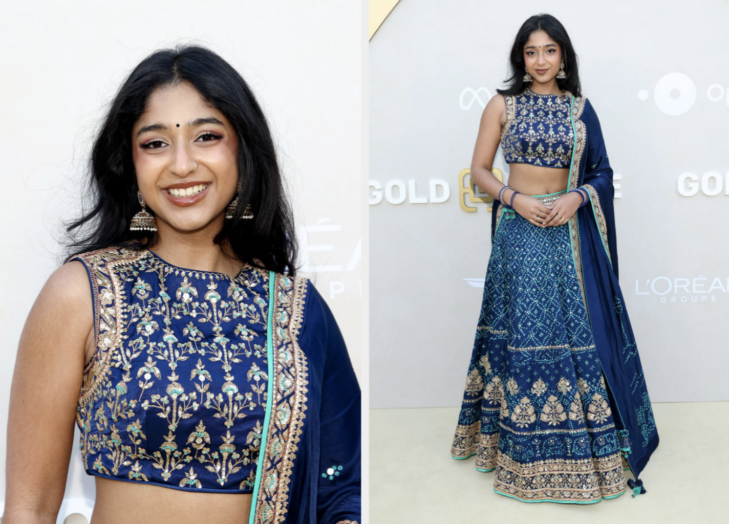 Woman successful  accepted   embellished bluish  lehenga with cropped blouse, posing astatine  an event