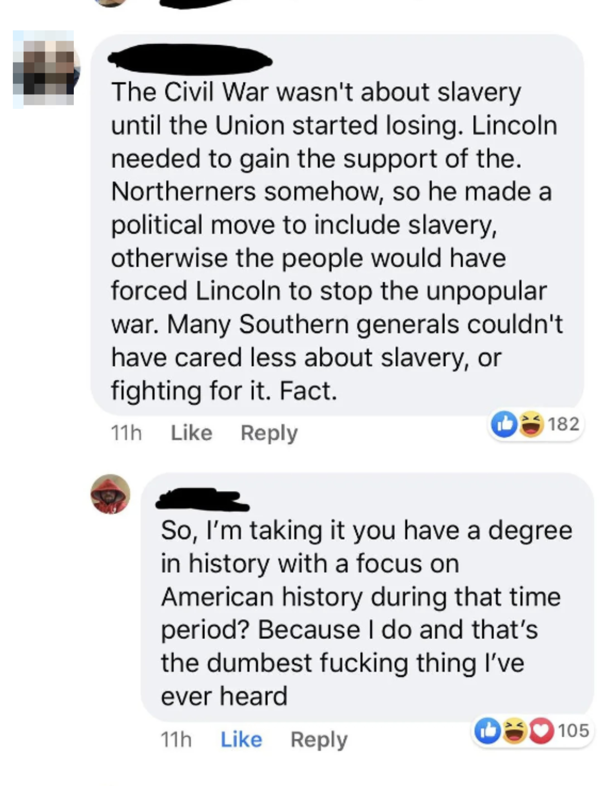 Two social media comments debating the cause of the Civil War and Lincoln&#x27;s motives