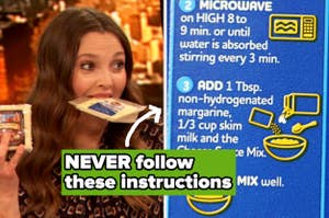 Woman grimacing while biting a box of mac and cheese with humorous text overlay advising not to follow cooking instructions