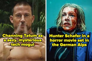 Split image: Left, Channing Tatum as a seductive mogul; Right, Hunter Schafer distressed in a horror scene