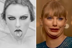 Two contrasting images of Taylor Swift. Left: dark gothic makeup with a pill on her tongue. Right: humorous expression with a playful smile