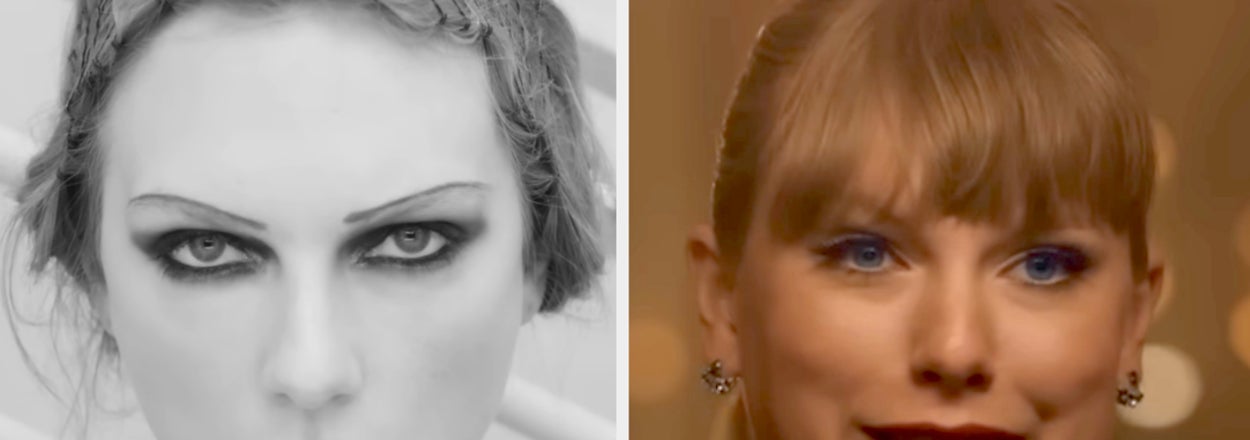 Two contrasting images of Taylor Swift. Left: dark gothic makeup with a pill on her tongue. Right: humorous expression with a playful smile