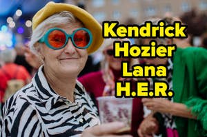 An older person wearing a zebra-print shirt, large round sunglasses, and a yellow beret is holding a drink at an outdoor event. Text reads "Kendrick Hozier Lana H.E.R."