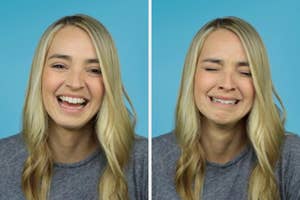 Two photos of a woman with long blonde hair and a gray shirt: in the first, she is smiling; in the second, she is crying