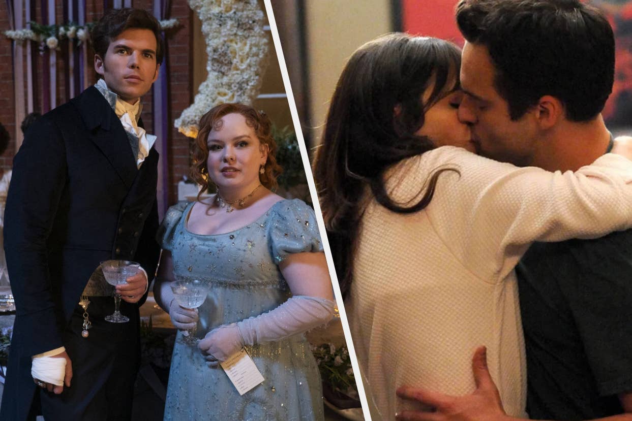 Jonathan Bailey and Nicola Coughlan in period costumes holding drinks; second image of two people kissing, one in a white sweater