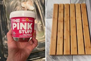 on the left a container of 'The Pink Stuff' cleaning paste, on the right a reviewer with half a head of defined curls