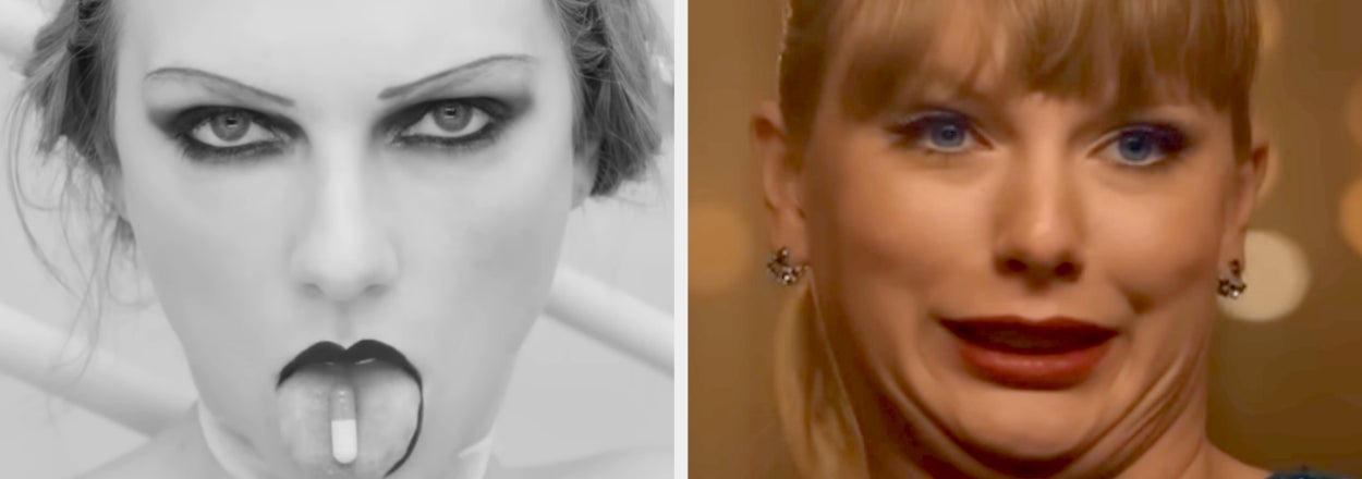 Two contrasting images of Taylor Swift. Left: dark gothic makeup with a pill on her tongue. Right: humorous expression with a playful smile