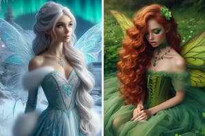 On the left, a faerie in a snow inspired dress, and on the right, a faerie in a clover field wearing a corset dress