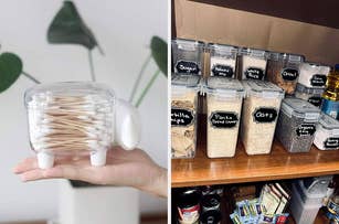 Left: Hand holding a sheep-shaped container with cotton swabs. Right: Organized pantry with labeled containers for various food items like rice, oats, and sugar