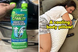 On the left, a hand holds a bottle of Green Gobbler drain clog dissolver; On the right, a reviewer is lying down, hugging a cooling body pillow
