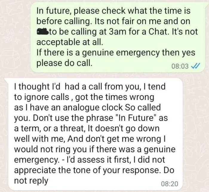 Text message exchange: Person A requests not to receive calls for chats at 3am, and allows for genuine emergencies. Person B explains they ignore calls and assures they wouldn't call without a true emergency
