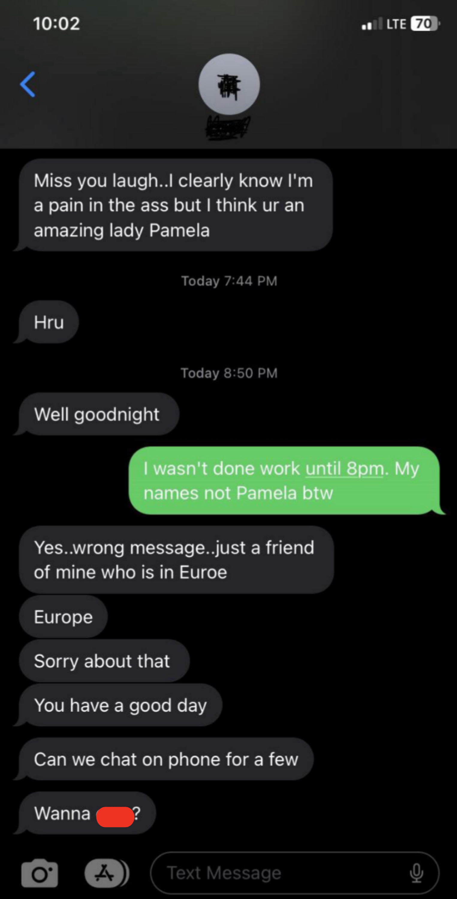 A text conversation where one person apologizes for messaging the wrong person, thinking it was Pamela; the other corrects them and says their name is not Pamela